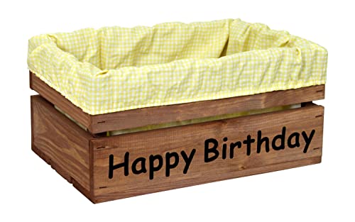 Holzkiste Braun mit Aufdruck Happy Birthday mit Stoffeinlage Gelb Weiß - Stiege Steige Geschenkverpackung Präsentkorb Geschenk von HW HOLZKISTEN-WELT