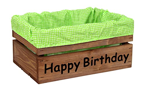 Holzkiste Braun mit Aufdruck Happy Birthday mit Stoffeinlage Grün Weiß - Stiege Steige Geschenkverpackung Präsentkorb Geschenk von HW HOLZKISTEN-WELT