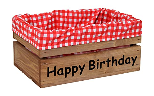 Holzkiste Braun mit Aufdruck Happy Birthday mit Stoffeinlage Rot Weiß - Stiege Steige Geschenkverpackung Präsentkorb Geschenk von HW HOLZKISTEN-WELT