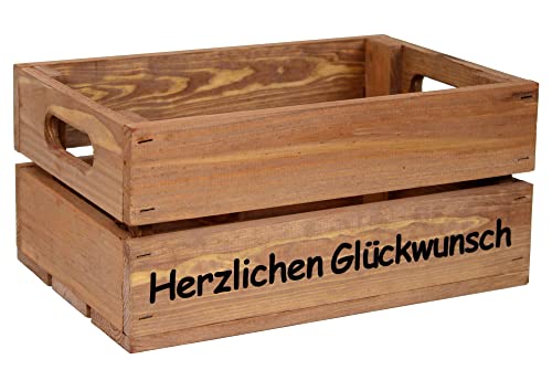 HW HOLZKISTEN-WELT Holzkiste Braun mit Aufdruck Herzlichen Glückwunsch - Stiege Steige Geschenkverpackung Präsentkorb Geschenk von HW HOLZKISTEN-WELT
