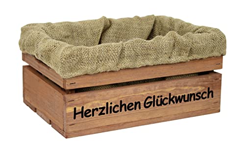 HW HOLZKISTEN-WELT Holzkiste Braun mit Aufdruck Herzlichen Glückwunsch mit Juteeinlage - Stiege Steige Geschenkverpackung Präsentkorb Geschenk von HW HOLZKISTEN-WELT