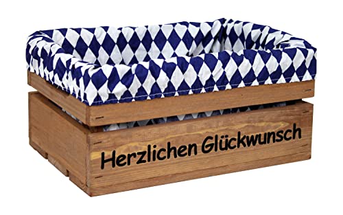 HW HOLZKISTEN-WELT Holzkiste Braun mit Aufdruck Herzlichen Glückwunsch mit Stoffeinlage Blau Weiß - Stiege Steige Geschenkverpackung Präsentkorb Geschenk von HW HOLZKISTEN-WELT