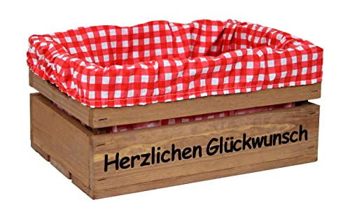 HW HOLZKISTEN-WELT Holzkiste Braun mit Aufdruck Herzlichen Glückwunsch mit Stoffeinlage Rot Weiß - Stiege Steige Geschenkverpackung Präsentkorb Geschenk von HW HOLZKISTEN-WELT