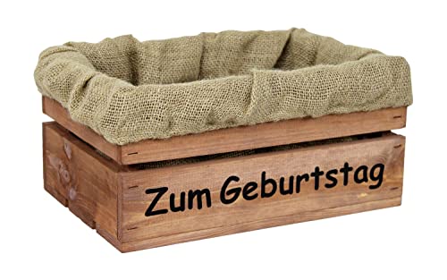 HW HOLZKISTEN-WELT Holzkiste Braun mit Aufdruck Zum Geburtstag mit Juteeinlage - Stiege Steige Geschenkverpackung Präsentkorb Geschenk von HW HOLZKISTEN-WELT