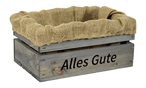HW HOLZKISTEN-WELT Holzkiste Hellgrau mit Aufdruck Alles Gute mit Juteeinlage - Stiege Steige Geschenkverpackung Präsentkorb Geschenk von HW HOLZKISTEN-WELT