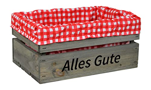 HW HOLZKISTEN-WELT Holzkiste Hellgrau mit Aufdruck Alles Gute mit Stoffeinlage Rot Weiß - Stiege Steige Geschenkverpackung Präsentkorb Geschenk von HW HOLZKISTEN-WELT