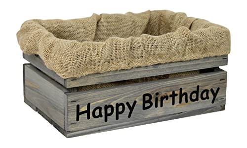 Holzkiste Hellgrau mit Aufdruck Happy Birthday mit Juteeinlage - Stiege Steige Geschenkverpackung Präsentkorb Geschenk von HW HOLZKISTEN-WELT