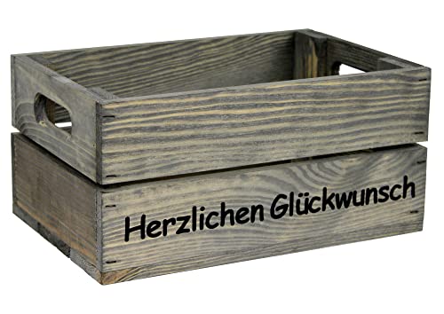 HW HOLZKISTEN-WELT Holzkiste Hellgrau mit Aufdruck Herzlichen Glückwunsch - Stiege Steige Geschenkverpackung Präsentkorb Geschenk von HW HOLZKISTEN-WELT