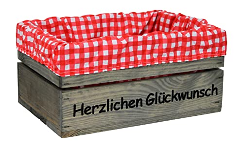 HW HOLZKISTEN-WELT Holzkiste Hellgrau mit Aufdruck Herzlichen Glückwunsch mit Stoffeinlage Rot Weiß - Stiege Steige Geschenkverpackung Präsentkorb Geschenk von HW HOLZKISTEN-WELT