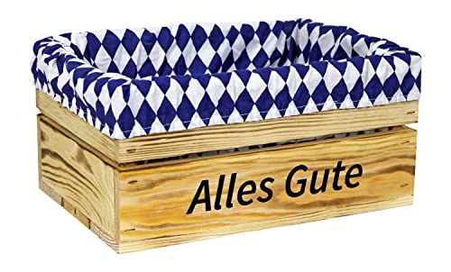 HW HOLZKISTEN-WELT Holzkiste Natur Geflammt mit Aufdruck Alles Gute mit Stoffeinlage Blau Weiß - Stiege Steige Geschenkverpackung Präsentkorb Geschenk von HW HOLZKISTEN-WELT