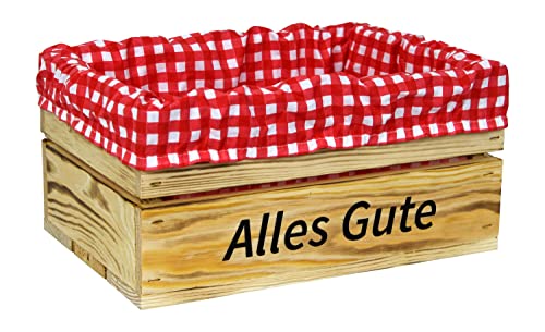 HW HOLZKISTEN-WELT Holzkiste Natur Geflammt mit Aufdruck Alles Gute mit Stoffeinlage Rot Weiß - Stiege Steige Geschenkverpackung Präsentkorb Geschenk von HW HOLZKISTEN-WELT