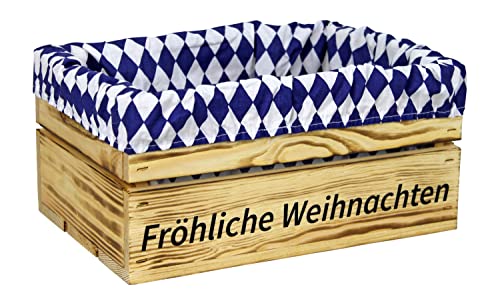 Holzkiste Natur Geflammt mit Aufdruck Fröhliche Weihnachten mit Stoffeinlage Blau Weiß - Stiege Steige Geschenkverpackung Präsentkorb Geschenk von HW HOLZKISTEN-WELT