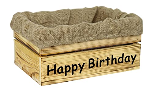 Holzkiste Natur Geflammt mit Aufdruck Happy Birthday mit Juteeinlage - Stiege Steige Geschenkverpackung Präsentkorb Geschenk von HW HOLZKISTEN-WELT