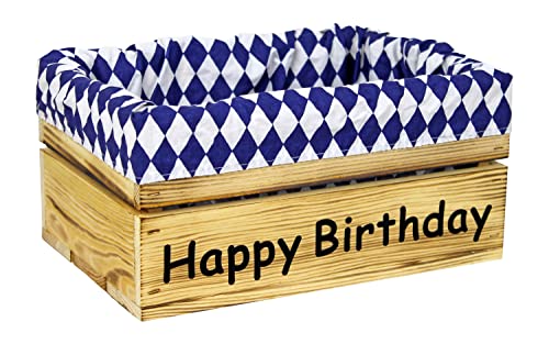 Holzkiste Natur Geflammt mit Aufdruck Happy Birthday mit Stoffeinlage Blau Weiß - Stiege Steige Geschenkverpackung Präsentkorb Geschenk von HW HOLZKISTEN-WELT