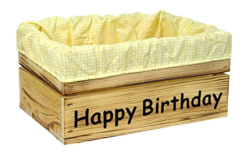 Holzkiste Natur Geflammt mit Aufdruck Happy Birthday mit Stoffeinlage Gelb Weiß - Stiege Steige Geschenkverpackung Präsentkorb Geschenk von HW HOLZKISTEN-WELT