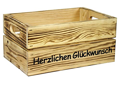 HW HOLZKISTEN-WELT Holzkiste Natur Geflammt mit Aufdruck Herzlichen Glückwunsch - Stiege Steige Geschenkverpackung Präsentkorb Geschenk von HW HOLZKISTEN-WELT