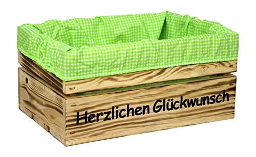 HW HOLZKISTEN-WELT Holzkiste Natur Geflammt mit Aufdruck Herzlichen Glückwunsch mit Stoffeinlage Grün Weiß - Stiege Steige Geschenkverpackung Präsentkorb Geschenk von HW HOLZKISTEN-WELT