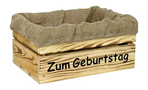 HW HOLZKISTEN-WELT Holzkiste Natur Geflammt mit Aufdruck Zum Geburtstag mit Juteeinlage - Stiege Steige Geschenkverpackung Präsentkorb Geschenk von HW HOLZKISTEN-WELT