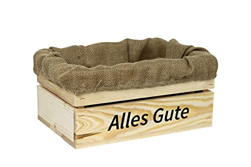 HW HOLZKISTEN-WELT Holzkiste Natur mit Aufdruck Alles Gute mit Juteeinlage - Stiege Steige Geschenkverpackung Präsentkorb Geschenk von HW HOLZKISTEN-WELT