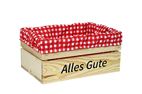 HW HOLZKISTEN-WELT Holzkiste Natur mit Aufdruck Alles Gute mit Stoffeinlage Rot Weiß - Stiege Steige Geschenkverpackung Präsentkorb Geschenk von HW HOLZKISTEN-WELT