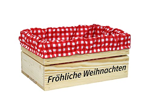 Holzkiste Natur mit Aufdruck Fröhliche Weihnachten mit Stoffeinlage Rot Weiß - Stiege Steige Geschenkverpackung Präsentkorb Geschenk von HW HOLZKISTEN-WELT