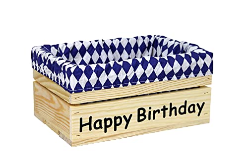 Holzkiste Natur mit Aufdruck Happy Birthday mit Stoffeinlage Blau Weiß - Stiege Steige Geschenkverpackung Präsentkorb Geschenk von HW HOLZKISTEN-WELT
