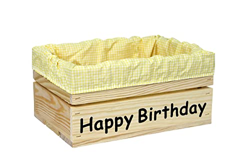 Holzkiste Natur mit Aufdruck Happy Birthday mit Stoffeinlage Gelb Weiß - Stiege Steige Geschenkverpackung Präsentkorb Geschenk von HW HOLZKISTEN-WELT