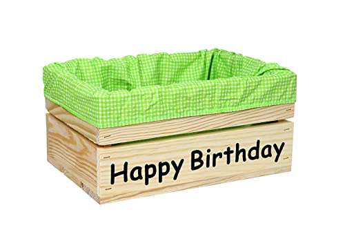 Holzkiste Natur mit Aufdruck Happy Birthday mit Stoffeinlage Grün Weiß - Stiege Steige Geschenkverpackung Präsentkorb Geschenk von HW HOLZKISTEN-WELT
