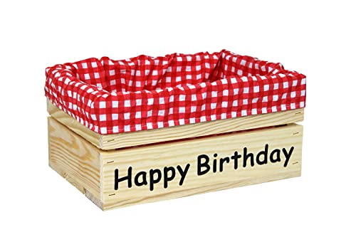 Holzkiste Natur mit Aufdruck Happy Birthday mit Stoffeinlage Rot Weiß - Stiege Steige Geschenkverpackung Präsentkorb Geschenk von HW HOLZKISTEN-WELT