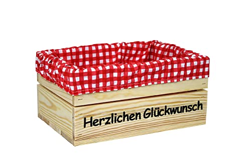 HW HOLZKISTEN-WELT Holzkiste Natur mit Aufdruck Herzlichen Glückwunsch mit Stoffeinlage Rot Weiß - Stiege Steige Geschenkverpackung Präsentkorb Geschenk von HW HOLZKISTEN-WELT