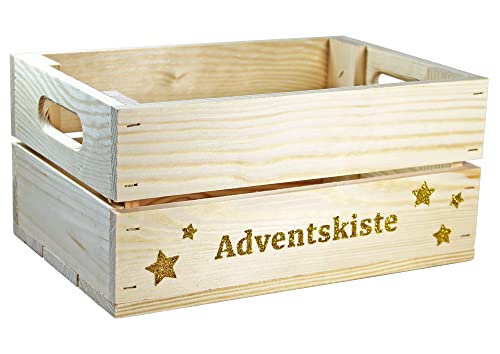 HW HOLZKISTEN-WELT Holzkiste Natur mit Gold-Glitter-Aufdruck Adventskiste - Stiege Steige Weihnachten Präsentkorb Geschenk von HW HOLZKISTEN-WELT