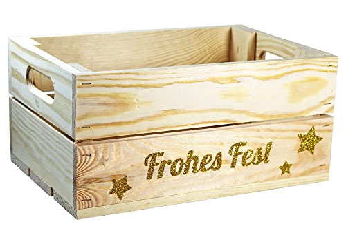 HW HOLZKISTEN-WELT Holzkiste Natur mit Gold-Glitter-Aufdruck Frohes Fest - Stiege Steige Weihnachten Präsentkorb Geschenk von HW HOLZKISTEN-WELT