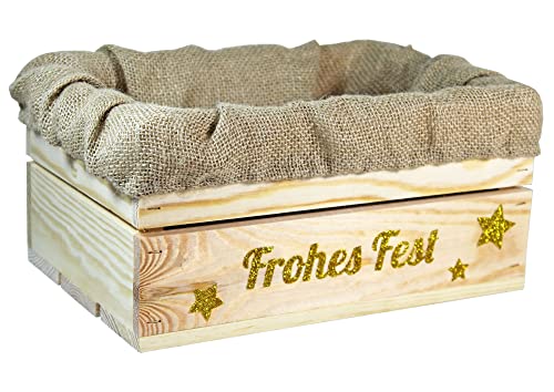 HW HOLZKISTEN-WELT Holzkiste Natur mit Gold-Glitter-Aufdruck Frohes Fest mit Juteeinlage - Stiege Steige Weihnachten Präsentkorb Geschenk von HW HOLZKISTEN-WELT