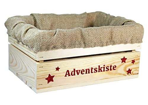 HW HOLZKISTEN-WELT Holzkiste Natur mit Rot-Glitter-Aufdruck Adventskiste mit Juteeinlage - Stiege Steige Weihnachten Präsentkorb Geschenk von HW HOLZKISTEN-WELT