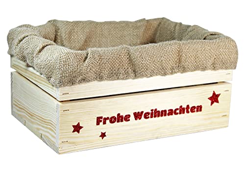 HW HOLZKISTEN-WELT Holzkiste Natur mit Rot-Glitter-Aufdruck Frohe Weihnachten mit Juteeinlage - Stiege Steige Präsentkorb Geschenk von HW HOLZKISTEN-WELT