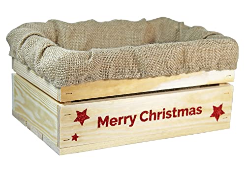 HW HOLZKISTEN-WELT Holzkiste Natur mit Rot-Glitter-Aufdruck Merry Christmas mit Juteeinlage - Stiege Steige Weihnachten Präsentkorb Geschenk von HW HOLZKISTEN-WELT