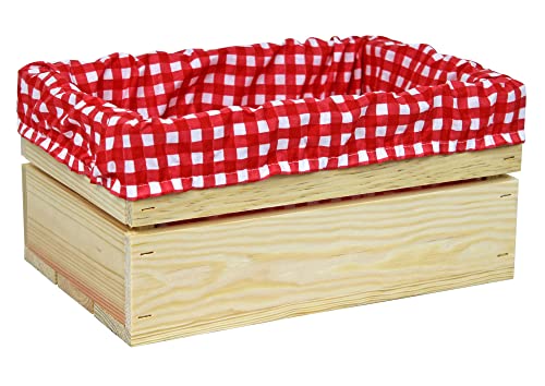 HW HOLZKISTEN-WELT Holzkiste Natur ohne Aufdruck mit Stoffeinlage Rot Weiß - Stiege Steige Geschenkverpackung Präsentkorb Geschenk von HW HOLZKISTEN-WELT