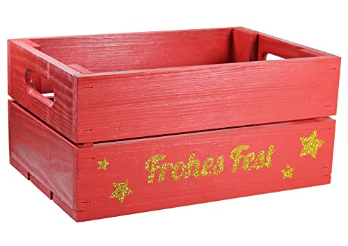 HW HOLZKISTEN-WELT Holzkiste Rot mit Gold-Glitter-Aufdruck Frohes Fest - Stiege Steige Weihnachten Präsentkorb Geschenk von HW HOLZKISTEN-WELT