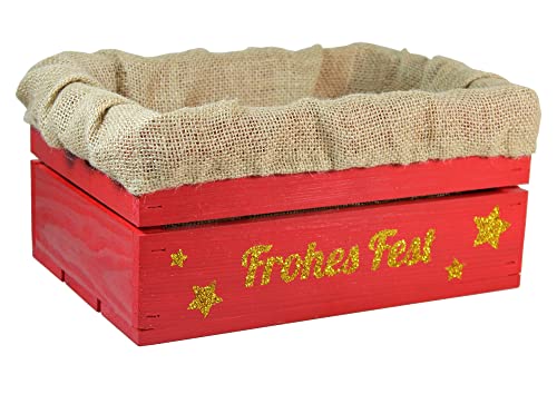 HW HOLZKISTEN-WELT Holzkiste Rot mit Gold-Glitter-Aufdruck Frohes Fest mit Juteeinlage - Stiege Steige Weihnachten Präsentkorb Geschenk von HW HOLZKISTEN-WELT