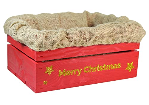 HW HOLZKISTEN-WELT Holzkiste Rot mit Gold-Glitter-Aufdruck Merry Christmas mit Juteeinlage - Stiege Steige Weihnachten Präsentkorb Geschenk von HW HOLZKISTEN-WELT