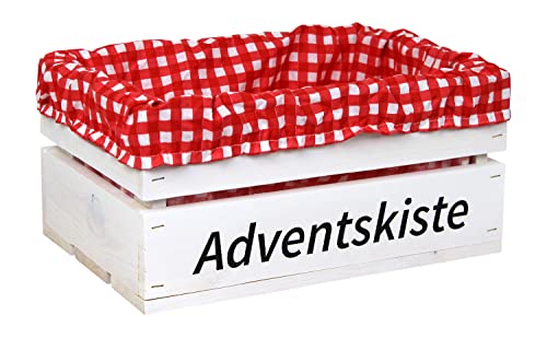 HW HOLZKISTEN-WELT Holzkiste Weiß mit Aufdruck Adventskiste mit Stoffeinlage Rot Weiß - Stiege Steige Geschenkverpackung Präsentkorb Geschenk von HW HOLZKISTEN-WELT