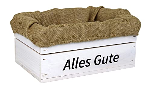 HW HOLZKISTEN-WELT Holzkiste Weiß mit Aufdruck Alles Gute mit Juteeinlage - Stiege Steige Geschenkverpackung Präsentkorb Geschenk von HW HOLZKISTEN-WELT