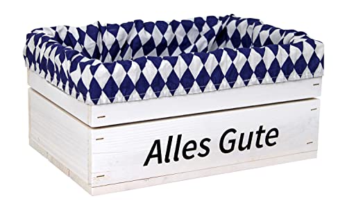 HW HOLZKISTEN-WELT Holzkiste Weiß mit Aufdruck Alles Gute mit Stoffeinlage Blau Weiß - Stiege Steige Geschenkverpackung Präsentkorb Geschenk von HW HOLZKISTEN-WELT