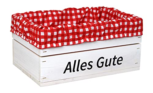 HW HOLZKISTEN-WELT Holzkiste Weiß mit Aufdruck Alles Gute mit Stoffeinlage Rot Weiß - Stiege Steige Geschenkverpackung Präsentkorb Geschenk von HW HOLZKISTEN-WELT