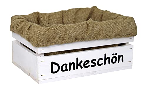 HW HOLZKISTEN-WELT Holzkiste Weiß mit Aufdruck Dankeschön mit Juteeinlage - Stiege Steige Geschenkverpackung Präsentkorb Geschenk von HW HOLZKISTEN-WELT