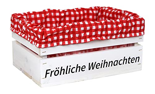 Holzkiste Weiß mit Aufdruck Fröhliche Weihnachten mit Stoffeinlage Rot Weiß - Stiege Steige Geschenkverpackung Präsentkorb Geschenk von HW HOLZKISTEN-WELT