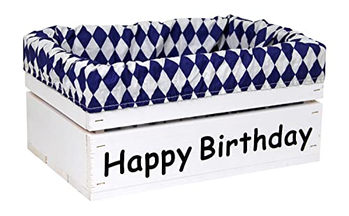 Holzkiste Weiß mit Aufdruck Happy Birthday mit Stoffeinlage Blau Weiß - Stiege Steige Geschenkverpackung Präsentkorb Geschenk von HW HOLZKISTEN-WELT