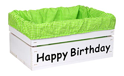 Holzkiste Weiß mit Aufdruck Happy Birthday mit Stoffeinlage Grün Weiß - Stiege Steige Geschenkverpackung Präsentkorb Geschenk von HW HOLZKISTEN-WELT