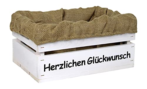 HW HOLZKISTEN-WELT Holzkiste Weiß mit Aufdruck Herzlichen Glückwunsch mit Juteeinlage - Stiege Steige Geschenkverpackung Präsentkorb Geschenk von HW HOLZKISTEN-WELT