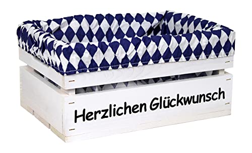 HW HOLZKISTEN-WELT Holzkiste Weiß mit Aufdruck Herzlichen Glückwunsch mit Stoffeinlage Blau Weiß - Stiege Steige Geschenkverpackung Präsentkorb Geschenk von HW HOLZKISTEN-WELT